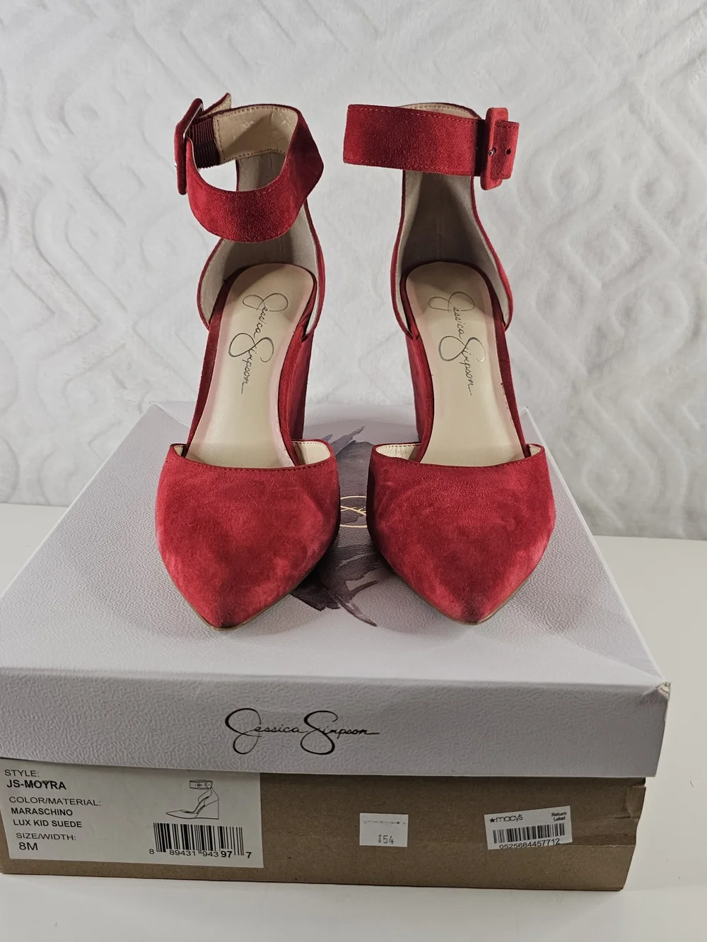 Jessica Simpson Red Suede Ankle-Strap Pointed-Toe Heels -